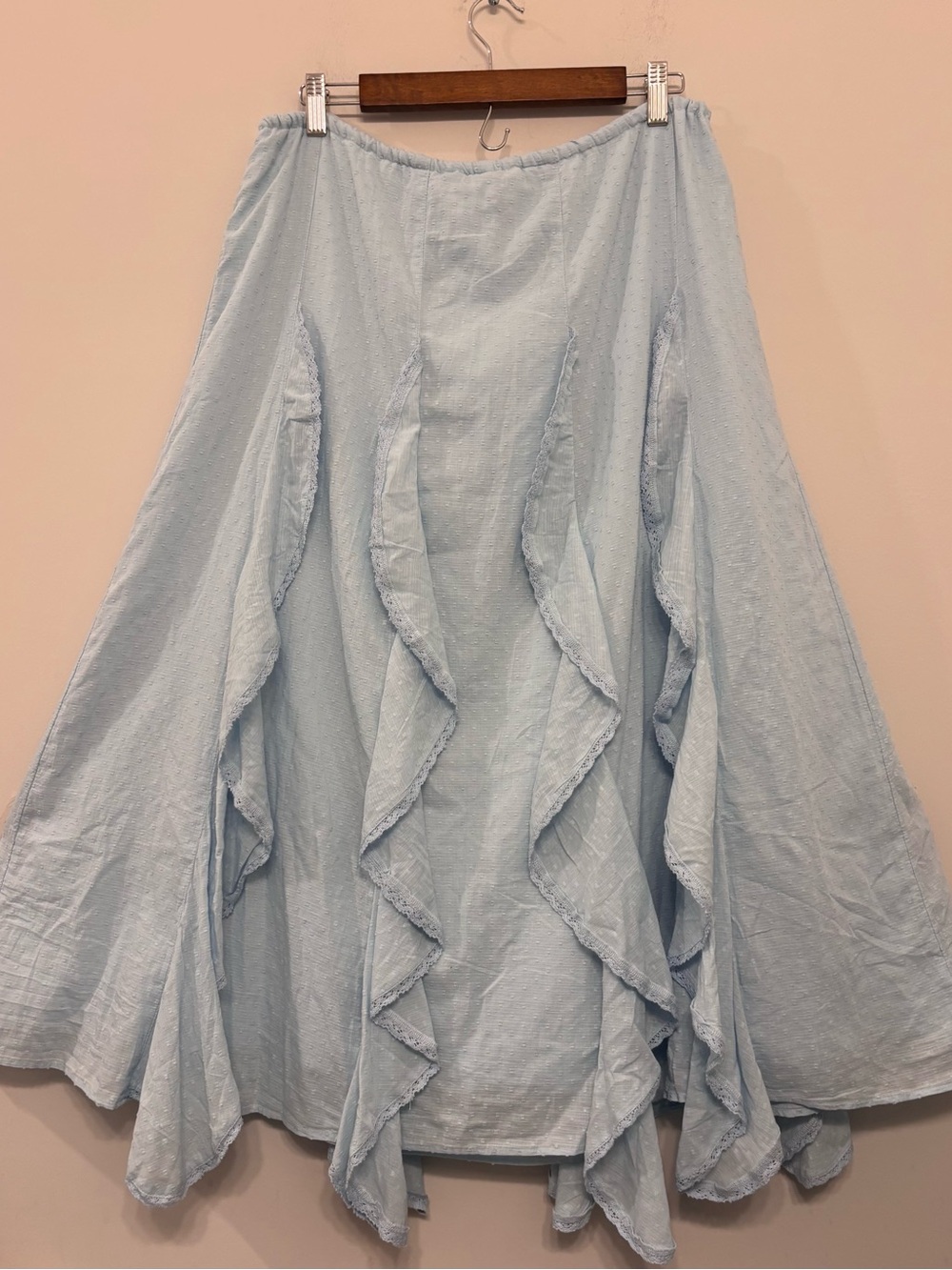 American Eagle Maxi Skirt Cascade Ruffle Textured Cotton Light Blue Boho Size L - Picture 5 of 12